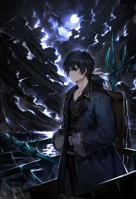 1male, Black hair, black eyes, shirt, black shirt, plume, long hair, expressionless, pirate captain outfit, long sleeves, closed mouth, sky, coat, weapon , dark blue coat, on ship, trident with three prongs on back, hatless, unkempt hair, cloudy, night, st...