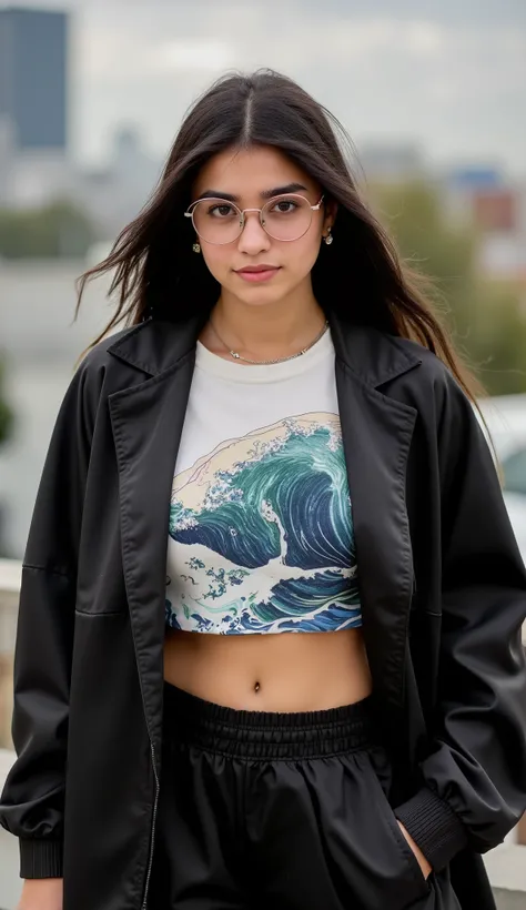 woman, long hair, black_hair, bangs,, dark brown eyes, black crop jacket, big breast, t-shirt with wave pattern , black sweatpants,round glasses,standing,