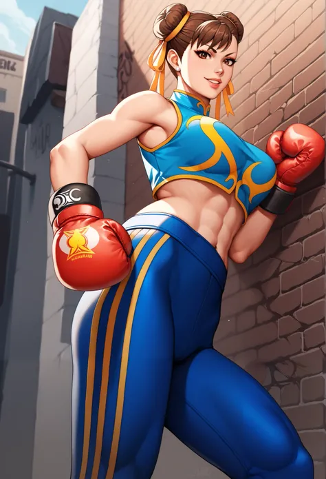 score_9, score_8_up, score_7_up, score_6_up, source_cartoon, BREAK masterpiece. CHUNLIAL, brown eyes, double bun, yellow ribbon, blue leggings, stomach, crop top, sleeveless, boxing gloves, breasts, looking at viewer, smile, parted lips,below view, smile, ...