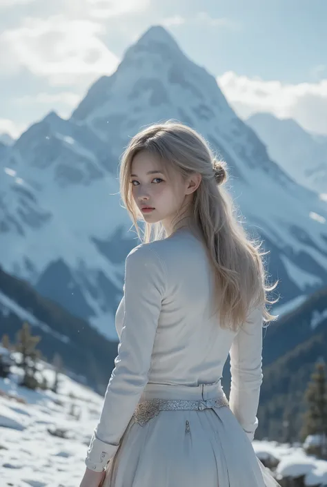 (ultra Realistic) , (illustration), (Enhance resolution), (8k), ( Extremely Detailed), ( detailed face ), Slim Body, in the dark , deep shadow, low profile, pureerosfaceace_v1, Happy smile, Winter, Mountain