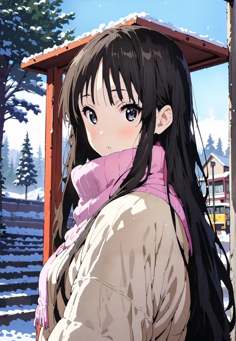 mioakiyama, Alone,Mio Akiyama, long hair, bungs, black hair, dark eyes, Princess Cut,long skirt hair
blushing,white breath,duffle coat,(sweater  :1.2),( turtleneck:1.2),Pink scarf, white long skirt,boots,clothed,winter,snow,Beautiful Scenery,full bodyがイラスト...