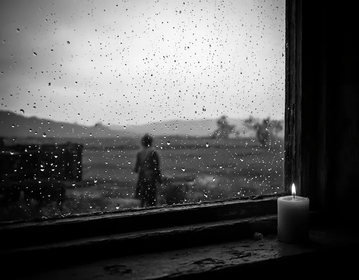 Create a cinematic black-and-white photograph capturing raindrops scattered across a glass window, each droplet sharply defined and reflecting subtle light variations. The background should be softly blurred, revealing a vast open field stretching into the...