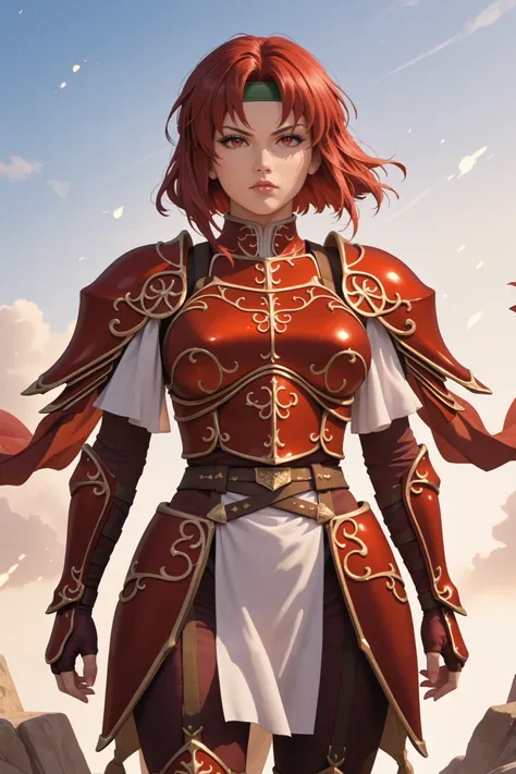 masterpiece, beautiful, ultra-detailed, detailed face, 4k, hd, perfect lighting, best quality, score_9, score_8_up, score_7_up, 2d art, perfect hands, perfect eyes
((cowboy shot))
feMva, red hair, short hair, red eyes, green headband, red armor, shoulder a...