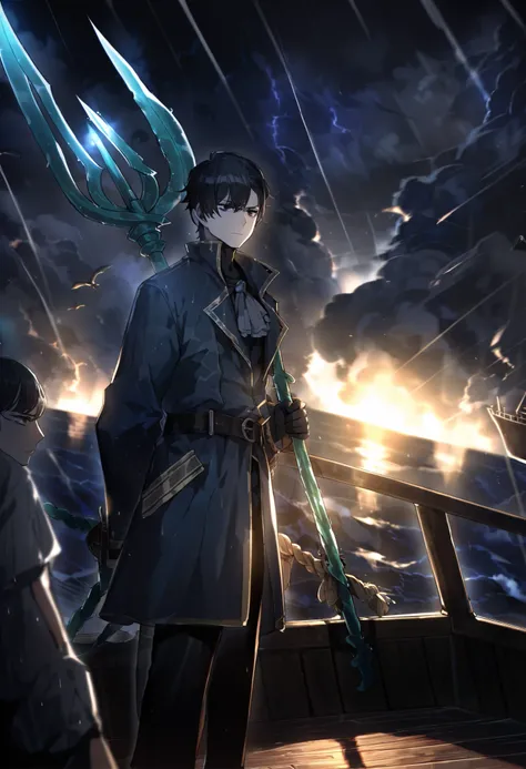 1male, Black hair, black eyes, shirt, black shirt, plume, short hair, expressionless, pirate captain outfit, long sleeves, closed mouth, sky, coat, weapon , dark blue coat, on ship, trident with three prongs, hatless, unkempt hair, cloudy, night, storm, ra...
