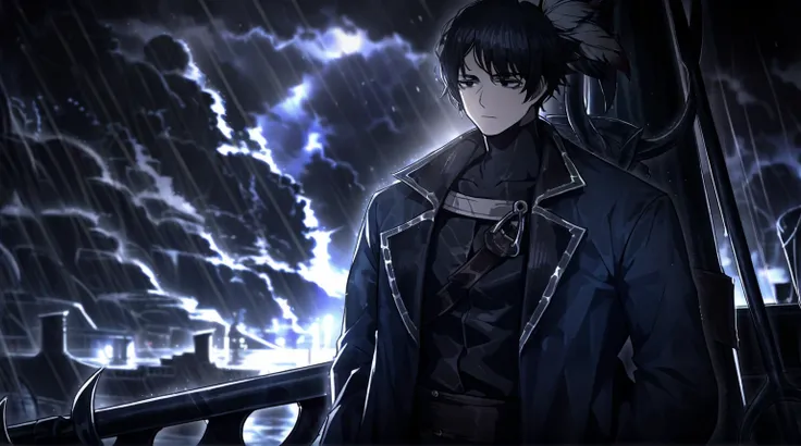 1male, Black hair, black eyes, shirt, black shirt, plume, short hair, expressionless, pirate captain outfit, long sleeves, closed mouth, sky, coat, weapon , dark blue coat, on ship, trident with three prongs, hatless, unkempt hair, cloudy, night, storm, ra...