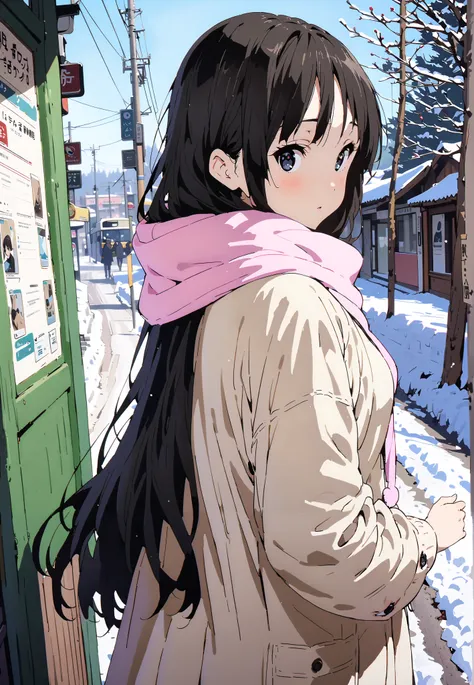 mioakiyama, Alone,Mio Akiyama, long hair, bungs, black hair, dark eyes, Princess Cut,long skirt hair
blushing,white breath,duffle coat,(sweater  :1.2),( turtleneck:1.2),Pink scarf, white long skirt,boots,clothed,winter,snow,Beautiful Scenery,full bodyがイラスト...