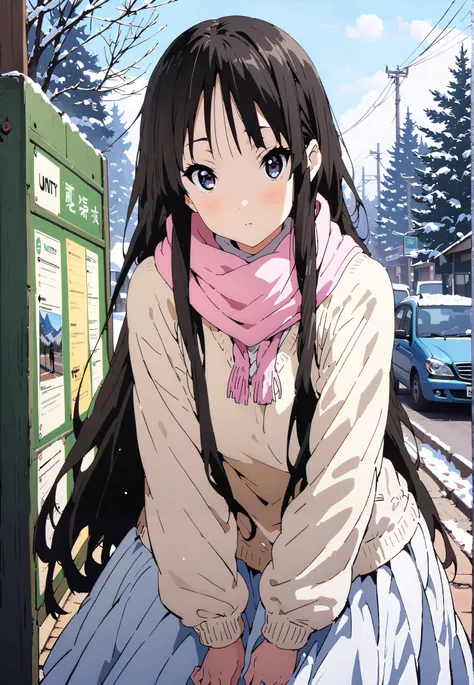 mioakiyama, Alone,Mio Akiyama, long hair, bungs, black hair, dark eyes, Princess Cut,long skirt hair
blushing,white breath,duffle coat,(sweater  :1.2),( turtleneck:1.2),Pink scarf, white long skirt,boots,clothed,winter,snow,Beautiful Scenery,full bodyがイラスト...