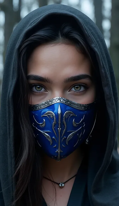 A hyper-realistic image of Gal Gadot's face as Kitana from Mortal Kombat. Her blue mask is detailed, with bright silver accents and realistic reflections. your beautiful loose and long hair The skin texture is impeccable, showing pores and fine details. Th...