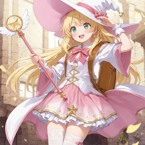 Masterpiece, hd, 2d, anime, 1girl, green eyes, blonde hair, wearing pink witch hat, ornaments, jewelry, earrings, wearing white capelet, white witch robe, pink dress, bowtie, pink frilled dress, white thighhighs, wearing randoseru backpack, wearing brown ...