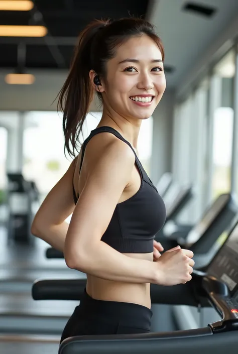 Beautiful and fit Japanese woman, working out on a treadmill in a stylish gym, wearing a tight sports outfit, earbuds in her ears, smiling while running, healthy and active lifestyle, bright and clean gym interior, motivational and uplifting mood.  
