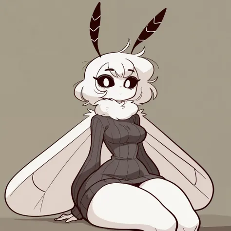 1girl, solo, monster girl, moth, short messy white hair, black sclera, white eyes, medium breasts, wide hips, thick thighs, moth wings, antennae, white fur collar, pale skin, black ribbed oversized sweater, blushed, expressionless, sitting, looking at view...