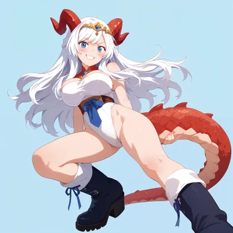 1 girl, long hair, smile, sight, blue eyes,  Blush, simple background,  gold, masterpiece, top quality,textured skin, Ultra-fine, anatomically accurate, accurate, High detail, animeスタイル,headpiece, hood worn up to the top of the wrist, dragon horns, tooth, ...