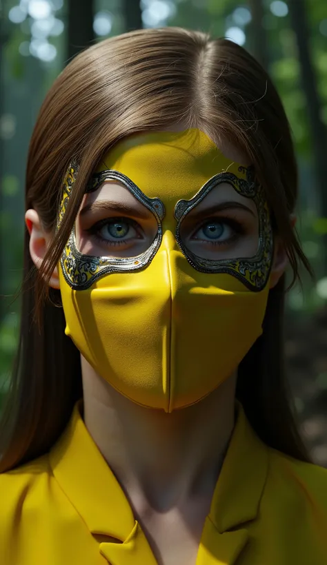 Hyper-realistic photographic style. Like Tanya Mortal Kombat. close-up do rosto. Extremely realistic yellow mask with silver details closed in the mouth loose hair. flawless skin texture. Bottom: dense forest,  Greg Rutkowski style  . dramatic lighting. 8k...