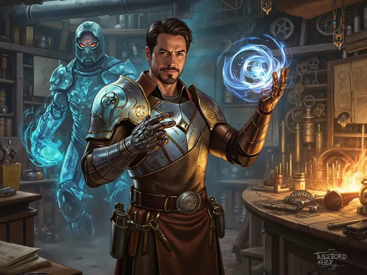 Robert Downey Jr. as a brilliant and charismatic artificer, standing in a bustling workshop filled with gears, tools, and magical contraptions. He is in the process of creating a magnificent suit of magical armor, exuding an aura of creativity, ingenuity, ...