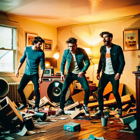 A chaotic photo of an american all male indie band composed of four members wrecking havoc inside a suburban house messing the room up. Destroying things. All members are Millennial demographic aged and wears casual street clothes resembling the early 2010...