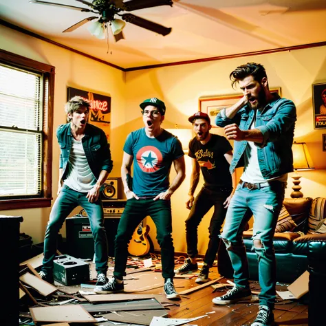 A chaotic photo of an american all male indie band composed of four members wrecking havoc inside a suburban house messing the room up. Destroying things. All members are Millennial demographic aged and wears casual street clothes resembling the early 2010...