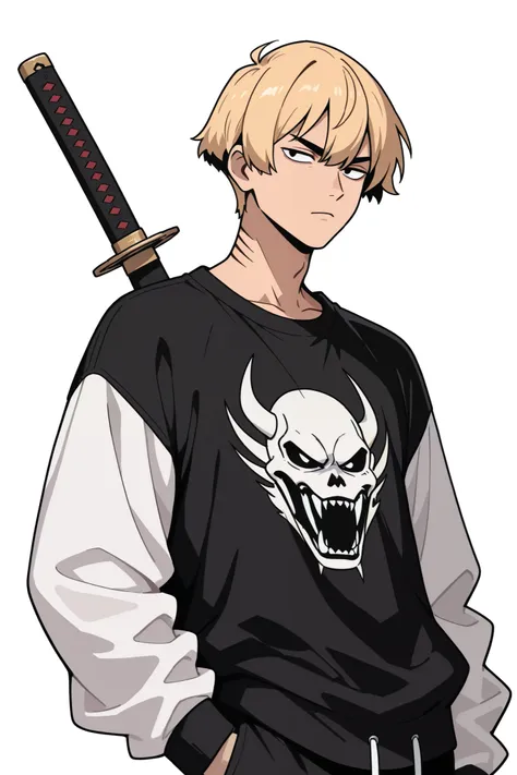 Anime Boy, katana , sharp lines , streetwear, white background, blonde short hair, Correct anatomy