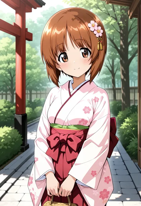 Best Quality, Good Quality, very beautiful,high resolution , high quality DVD、 one girl , alone、woman, Nishizumi Miho , beautiful brown eyes, Attractive brown eyes、 beautiful brown hair , bob cut、Anime girls wearing traditional Japanese clothes、Flowers ...