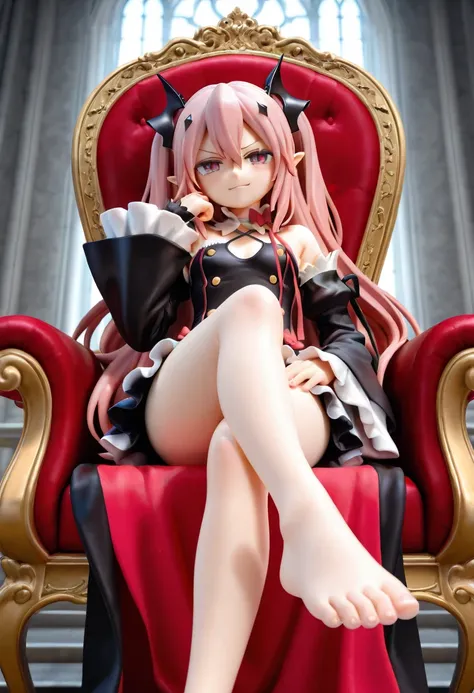 miaoka\(pvc style\), miaoka\(figure\),3d,1girl,krul tepes,silk clothes,frills,pink ribbons,detached sleeves,sleeves past wrists,sitting on throne,hand on own face,hand on own thigh,legs crossed,glaring,smirk,chiaroscuro,low angle,foot focus,barefoot,feet,t...