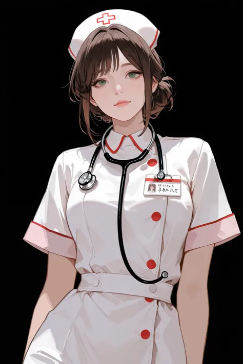 Draw a woman with dark brown hair tied in a bun and green eyes as a nurse, specifically in a modern plain white nurse outfit with a name tag on her right chest, standng for a photoshoot session, black background, stethoscope looped around neck, arms on the...