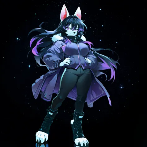 masterpiece, best quality, anime shading, full body picture, athletic body type, centered, ((three-quarters view:1.4)), 1girl, ((single view)), ((alone)), anthro, furry, fox female, wolf nose, ((white fox)), ((bat ears:1.5)), purple eyes, white fur, white ...