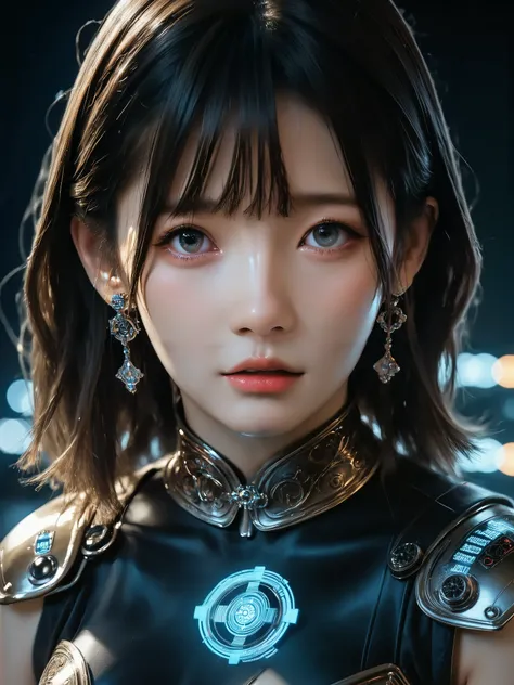 A charming woman with an ideal physique, wearing a well-designed 3D rendering armor, exuding the exquisite atmosphere of the future, exquisite Asian facial features, porcelain skin, sharp eyes, full lips, elegant and elegant silky long hair, and an elegant...