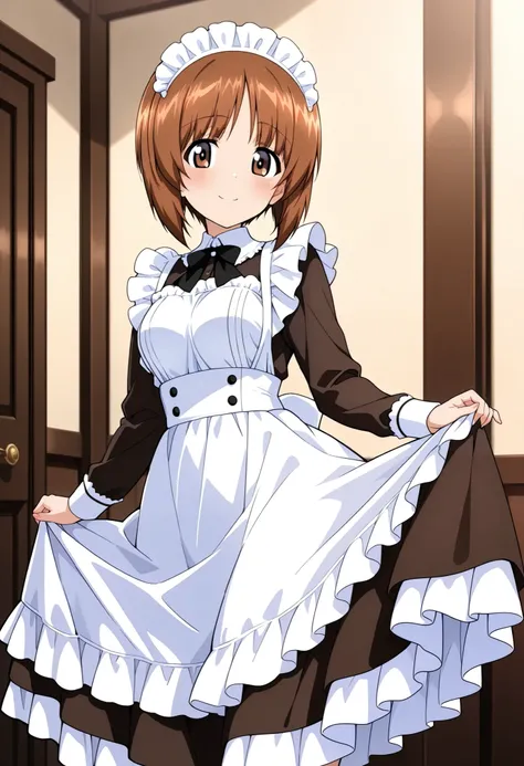 Best Quality, Good Quality, very beautiful,high resolution , high quality DVD、Standing、 one girl , alone、woman,  Nishizumi Miho , beautiful brown eyes, Attractive brown eyes、  beautiful brown hair  , bob cut、Victorian Maid Outfits、( Skirt Hold :1.2)