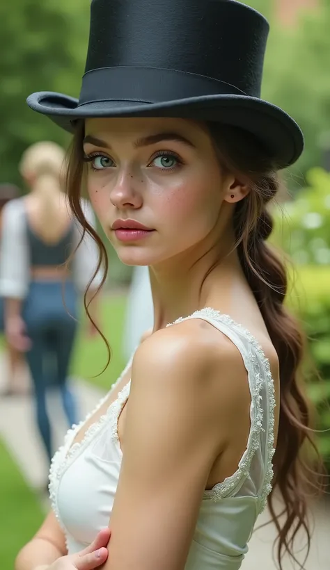 ((RAW Photo), Absurds, (Absurd Resolution)), ((Hyperrealism, Photorealistic)), (AI Reality), (A young woman with AI Hyperrealism), freckled, (light eyes), (English in impeccable attire, top hat), ((walking through Renaissance garden, exceptional beauty)), ...