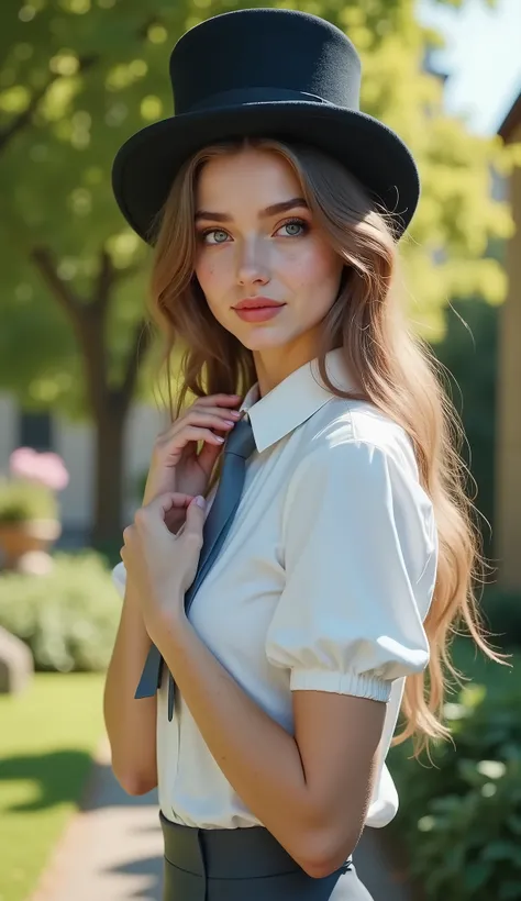 ((RAW Photo), Absurds, (Absurd Resolution)), ((Hyperrealism, Photorealistic)), (AI Reality), (A young woman with AI Hyperrealism), freckled, (light eyes), (English in impeccable attire, top hat), ((walking through Renaissance garden, exceptional beauty)), ...