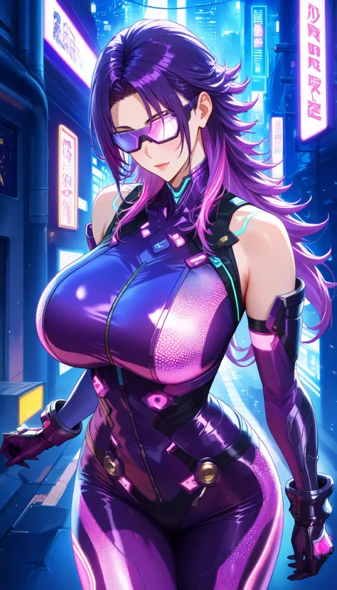 Cyberpunk city background, A woman with a perfect body, Wearing a (Sleeveless) Purple leather bodysuit biological armor, There is this white fluorescent pattern on the tights, She stood in a narrow alley, (Hands wearing Purple metal gloves),(Purple Hair,mu...