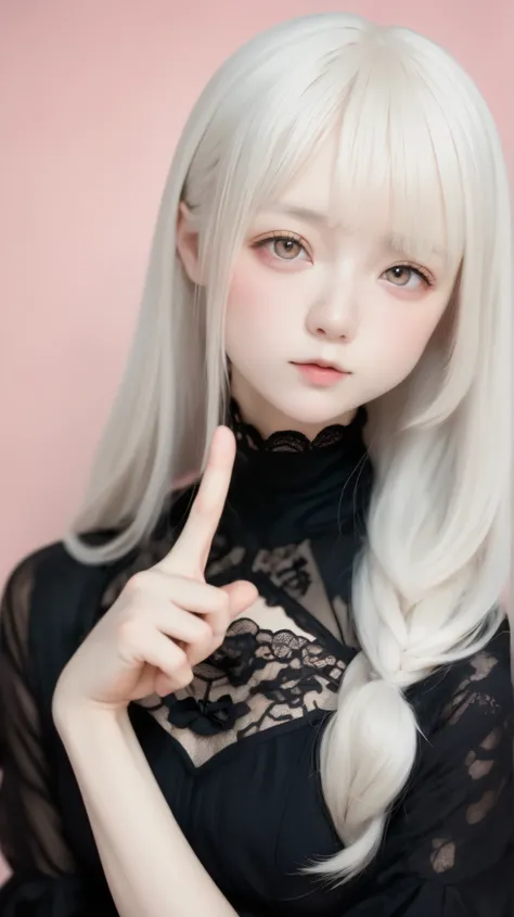 perfect anatomy, Japanese girls , alone、one girl、少し短い首:1.7, Albino Skin, Gray Hair, straight long hair , light brown eyes, high neck lace fabric black dress, (((black clothes:1.7))), Cheek resting on hand, artistic lace pattern garment、 light pin...