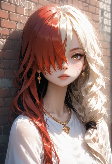 ультра реалистичное 8k cg, masterpiece, ((ultra detailed background, delicate pattern, complex part)), Best quality, complex parts, chromatic aberration, 1 girl, long hair, Golden hair, dirty hair, red highlights, hair over one eye, keen eyes, necklace, Br...