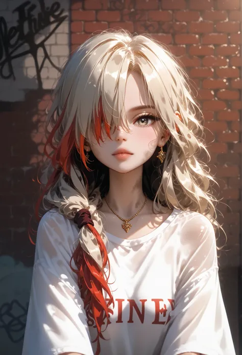 ультра реалистичное 8k cg, masterpiece, ((ultra detailed background, delicate pattern, complex part)), Best quality, complex parts, chromatic aberration, 1 girl, long hair, Golden hair, dirty hair, red highlights, hair over one eye, keen eyes, necklace, Br...