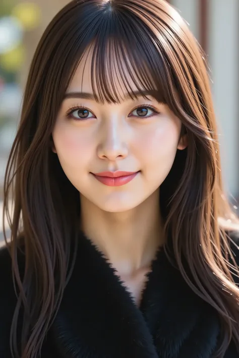 masterpiece, fine, clean skin、black fur coat、long black hair, Bangs, smile, 8k, shooting studio background