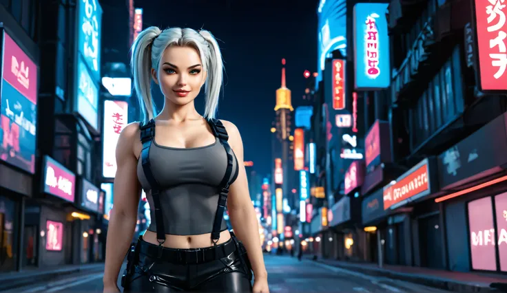 Makima stands confidently, her curvy figure showcased by a dark blue tactical outfit complete with gun belt suspenders and black pants. Her pale skin glistens in the soft lighting of the cyberpunk landscape, adorned with aquamarine eyes that seem to pierce...