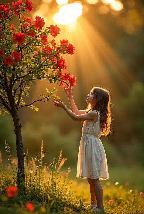 A small tree full of red flowers, Rainey nature, wet, sun light(golden rays) splashing through the branches of trees,a girl(white dress) trying to pick a flower from the tree, ultra realistic, 4k,wet nature, sunrays,,,