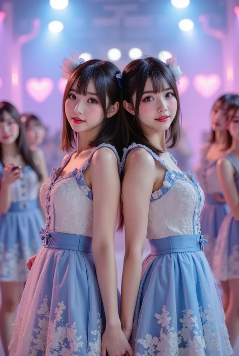 (extremely detailed, score_9, score_8_up, score_7_up, Very detailed, Detailed, Sharp focus, 8K UHD), Realistic full-body photos of two petite and very young Japanese women, (((Full-body costume visible, thick legs visible, chubby women))), Big smiles, deta...