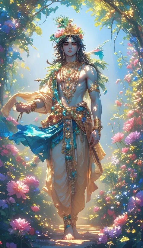 Create an image of Lord Krishna in a flower garden。The background is bluish。