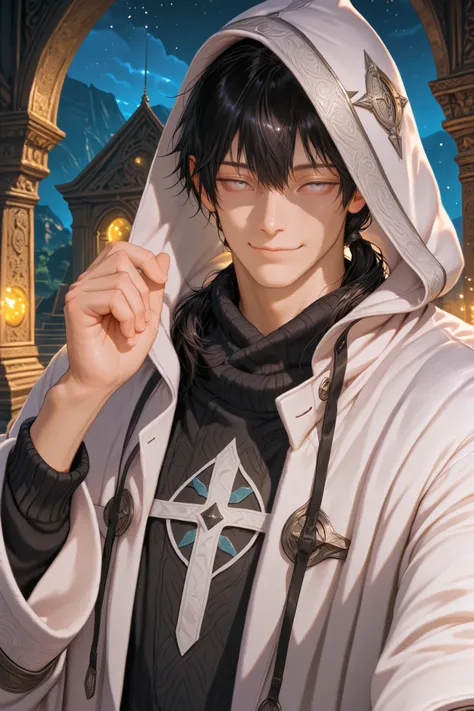 masterpiece, best quality, detailed eyes, semi realistic, 8k, boy, cool, small, white robe coat, black sweater, short black low ponytail hair, white eye, fantasy, solo character, wearing hood, fantasy temple background, night time, upper body, emotionless ...
