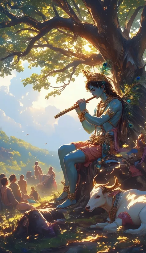 Lord Shri Krishna fit body ( fit body ,blue colour, shining golden crown on the head, and peacock feather in the crown, middle hair, flute in hand) is sitting in the tree, and a people are sitting nearby.looking cow
