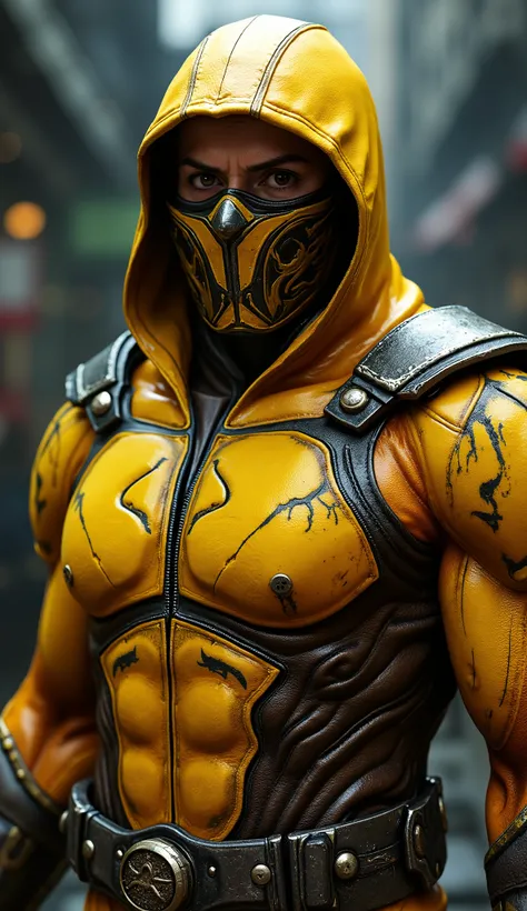 Creation of a character inspired by Scorpion from Mortal Kombat, focusing on the upper body. The costume is realistic and highly detailed in the color yellow, with a metallic combat mask and a cover that looks like it's made of sturdy material, like leat...