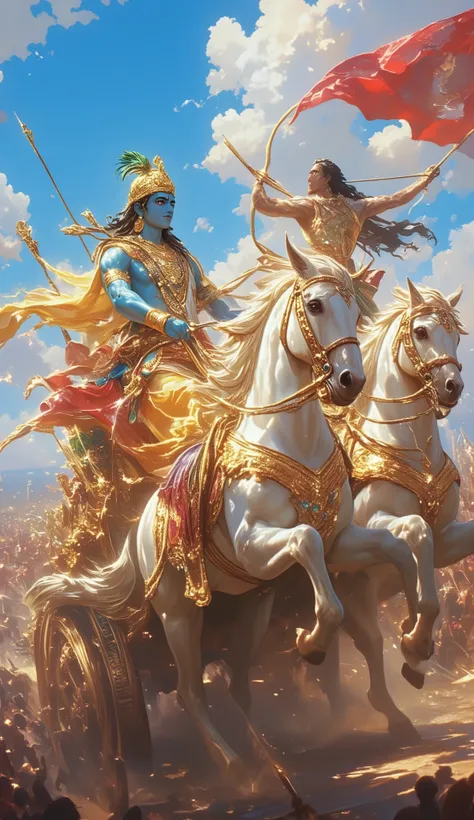 An ultra-HD 4K hyper-realistic depiction of Krishna and Arjun on a grand chariot inspired by the classical representation in the reference. Krishna, with radiant blue skin, is seated at the front, holding the golden reins of the intricately designed chario...