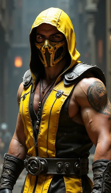Creation of a character inspired by Scorpion from Mortal Kombat, focusing on the upper body. The costume is realistic and highly detailed in the color yellow, with a metallic combat mask and a cover that looks like it's made of sturdy material, like leat...