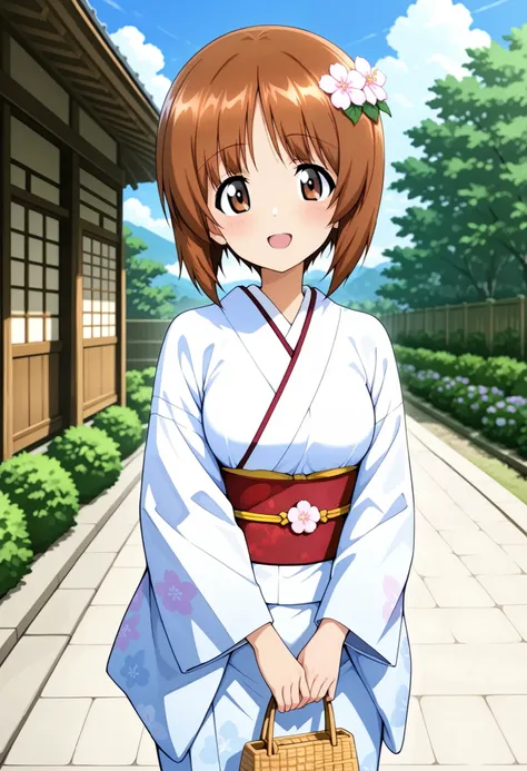 Best Quality, Good Quality, very beautiful,high resolution , high quality DVD、 one girl , alone、woman, Nishizumi Miho , beautiful brown eyes, Attractive brown eyes、 beautiful brown hair , bob cut、Anime girl wearing light blue traditional Japanese clothe...