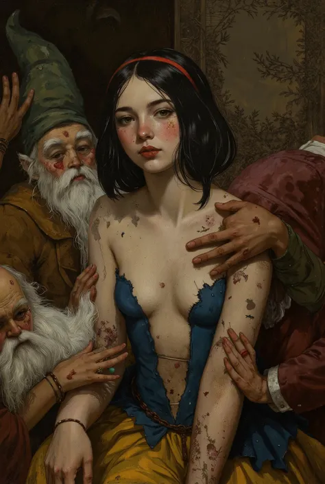 A tainted Snow White living with savage dwarves
((NSFW))
rmbt,
18th century,
1girl, 7guys,
Young Snow White, Snow White being gang-raped by the seven dwarfs,
Everyone says Snow White is a slut,
She has black bob hair with red ribbons,
Snow White is scare...