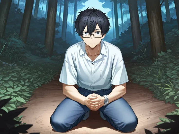 A close-up of Taku, a mid-20s Japanese man with sharp, intelligent eyes and slightly disheveled black hair. He is kneeling in a forest during the day, staring in wonder at a mysterious silver watch clasped in his hands. There is some dirt on his hands and ...