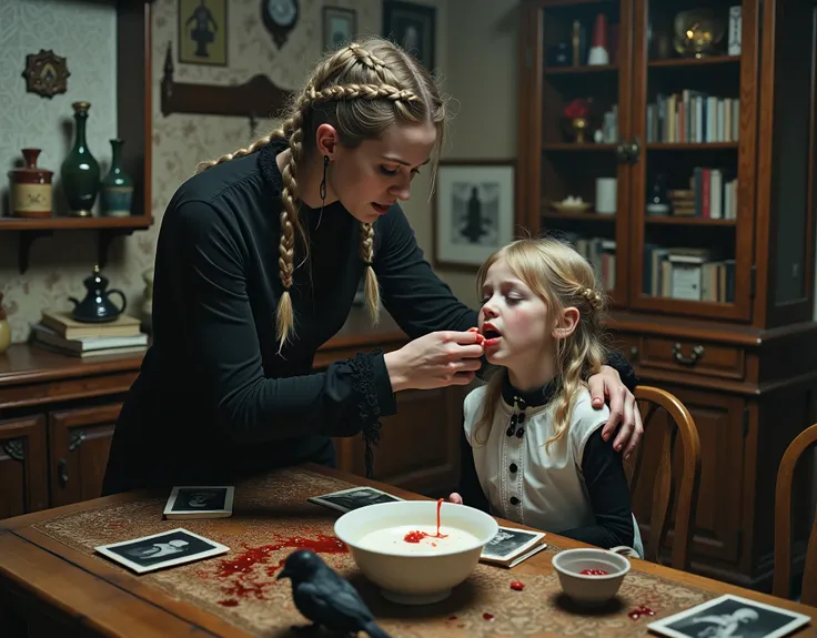 Swedish woman and a girl she is babysitting, at a kitchen table, traditional furnishings, woman is feeding the girl thick vanilla yogurt, with her fingers and hands, the yogurt is poring down the girl's chin and onto her blouse, girl is in a trance, the mo...