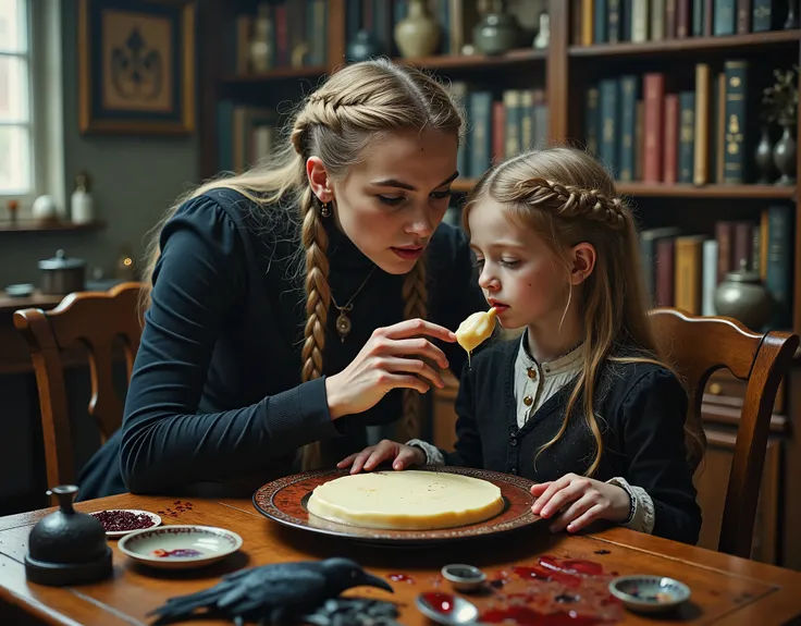 Swedish woman and a girl she is babysitting, at a kitchen table, traditional furnishings, woman is feeding the girl thick vanilla yogurt, with her fingers and hands, the yogurt is poring down the girl's chin and onto her blouse, girl is in a trance, the mo...