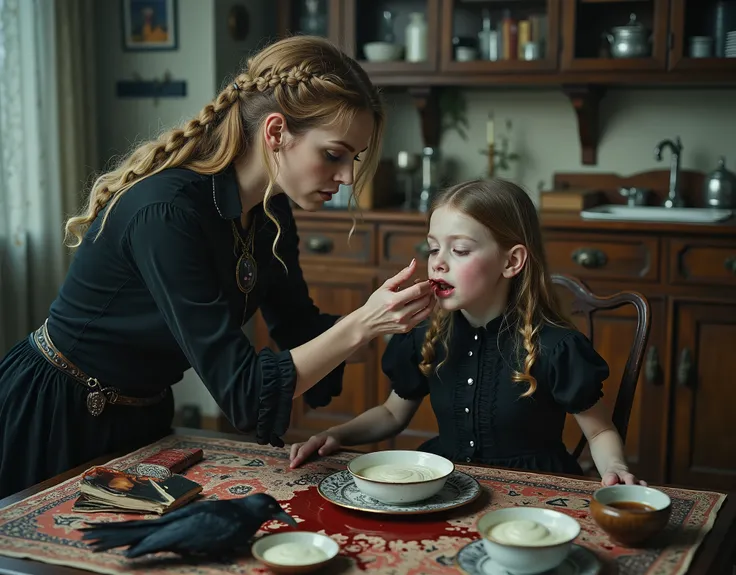 Swedish woman and a girl she is babysitting, at a kitchen table, traditional furnishings, woman is feeding the girl thick vanilla yogurt, with her fingers and hands, the yogurt is poring down the girl's chin and onto her blouse, girl is in a trance, the mo...
