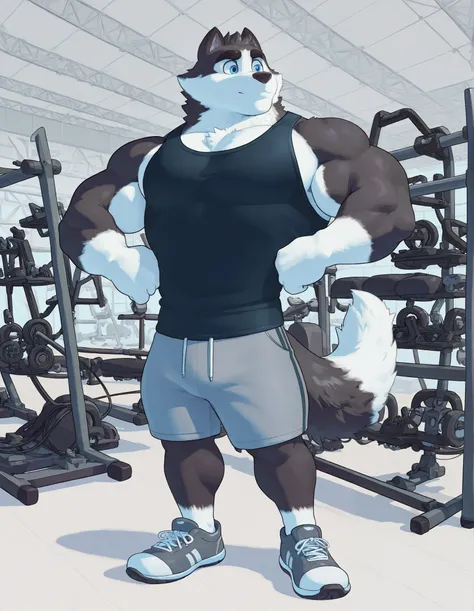Duke (Arctic Dogs), anthro dog, black fur, white fur, male, blue eyes, high quality, full body, focus on chest workout, Cable Crossover Machine, Cable Flyes, solo, gym background, thick arms, muscular, black tank top, dark gray gym shorts, wristbands, gym ...